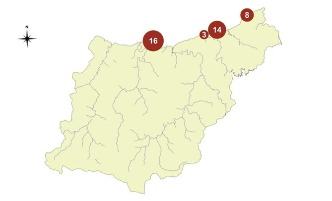 Figura 1.- Censo de cormorán moñudo en Gipuzkoa. Número de nidos censados en 2023 en las cuatro colonias: Getaria, Igeldo, Monpas-Ulia y Jaizkibel (de Oeste a Este).